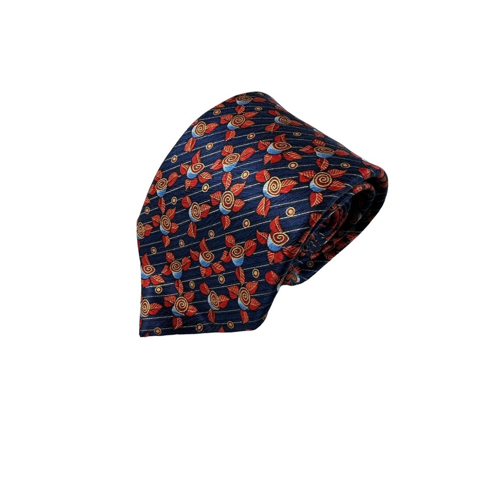 Ermenegildo Zegna Blue Red Gold Leaf Stripe  Print Silk Tie 3.75 Inch Width